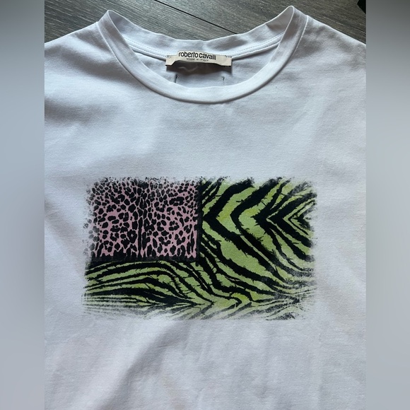 NWOT! Roberto Cavalli Pastel Neon Animal Flag Animalier Patchwork tee Size M - Picture 4 of 9